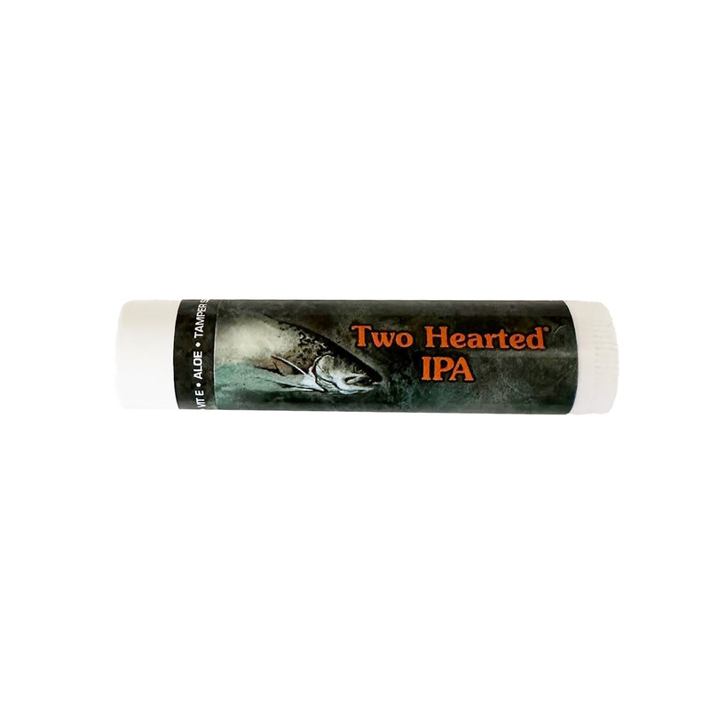 White lip balm tube with Two Hearted IPA can art label