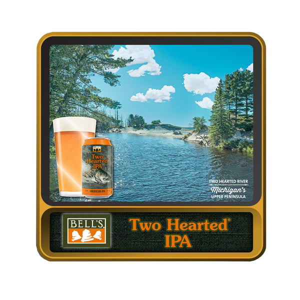 Two Hearted Ale retro-themed backlit sign with movement effects. Features a scene of the Two Hearted River in Michigan's Upper Peninsula. Features a can of Two Hearted Ale and beer in a pint glass in the lower left corner. At the bottom of the sign, features a Bell's logo with "Since 1985" in far bottom Left. And Two Hearted Ale text in orange with a white border in the bottom right.