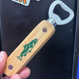 wooden handled bottle opener with magnetic backing and trout in green print on back of handle