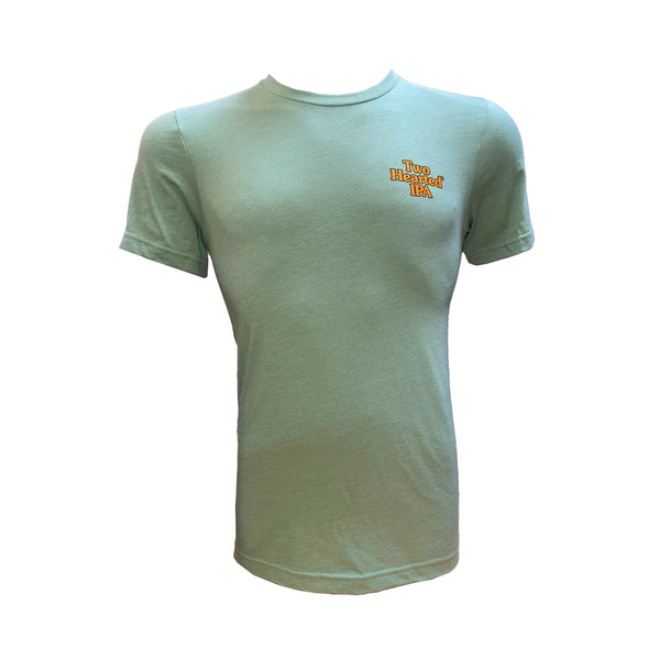 Sage green lightweight tee shirt with Two Hearted IPA screen-printed in the pocket in orange letters.