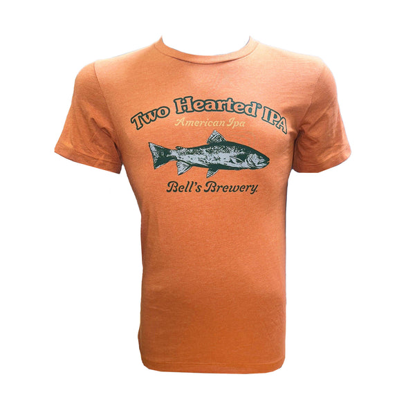 Heather orange short sleeve t-shirt with green outline Two Hearted IPA text across the chest. American IPA in yellow below. Green and white Two Hearted fish across the chest and Bell's Brewery below.