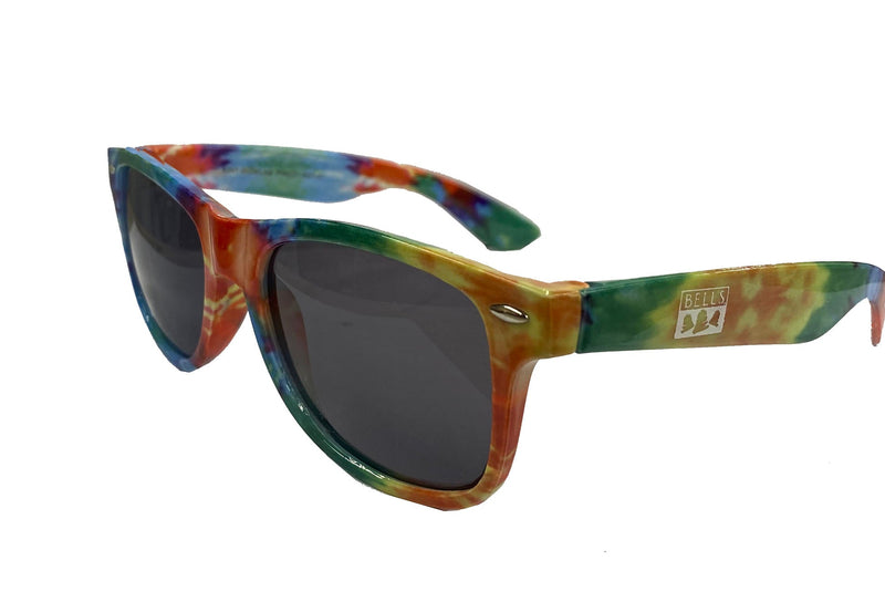 Tie-die sunglasses with a small white Bell's logo on the side.