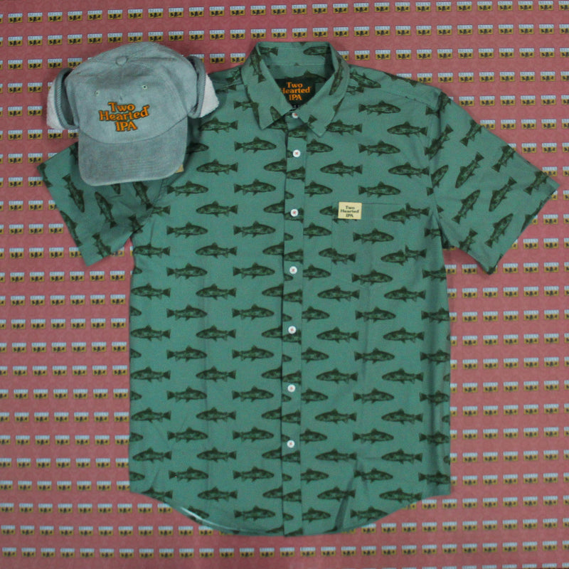 Green Two Hearted shirt with fish pattern and  green ear flap hat with sherpa ling and Two Heaarted IPA in embroidered orange letters