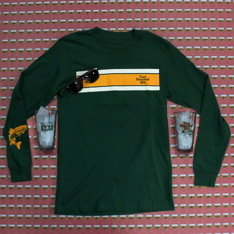 Green long-sleeve shirt with orange and off white stripe, with wood frame style sunglasses.  Also with 2 pint glasses featuring Two Hearted logo and Bell's logo
