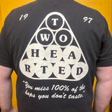 Back of black t-shirt with a large white graphic of a pool triangle made of pool balls spelling 'TWO HEARTED', with '1997' and a quote “you miss 100% of the hops you don’t taste” in white