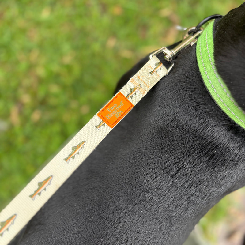 off white dog leash with full color Two hearted brand fish pattern in green and orange.  Orange Two hearted tag with green text near clasp