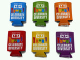 Two rows of three can coozies each. All feature "Celebrate Diversity" in white with beer glasses filled with liquids of various colors (red, orange, yellow, green, blue, purple) and white Bell's logo. Top row coozies left to right are blue, green, and orange. Bottom row left to right are red, yellow, and purple.