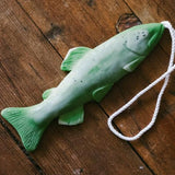 Green  Two Hearted brand trout shaped soap on a rope