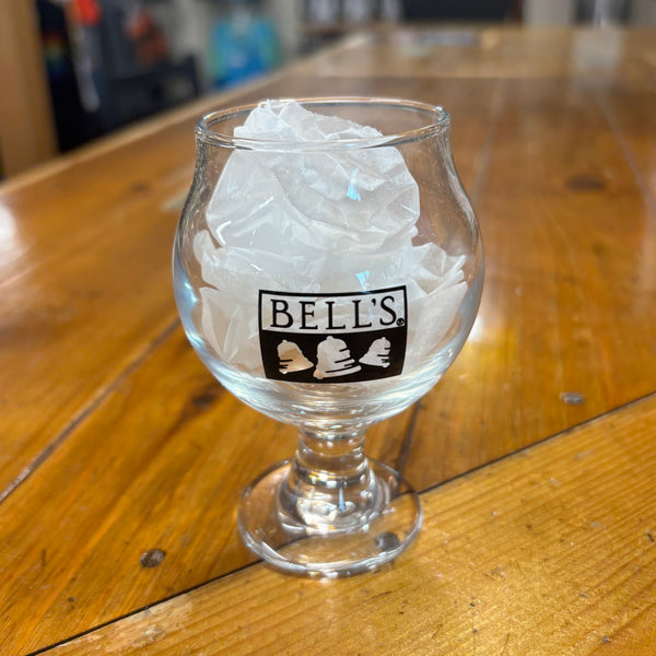 Clear snifter glass with black printed Bell's logo in the center
