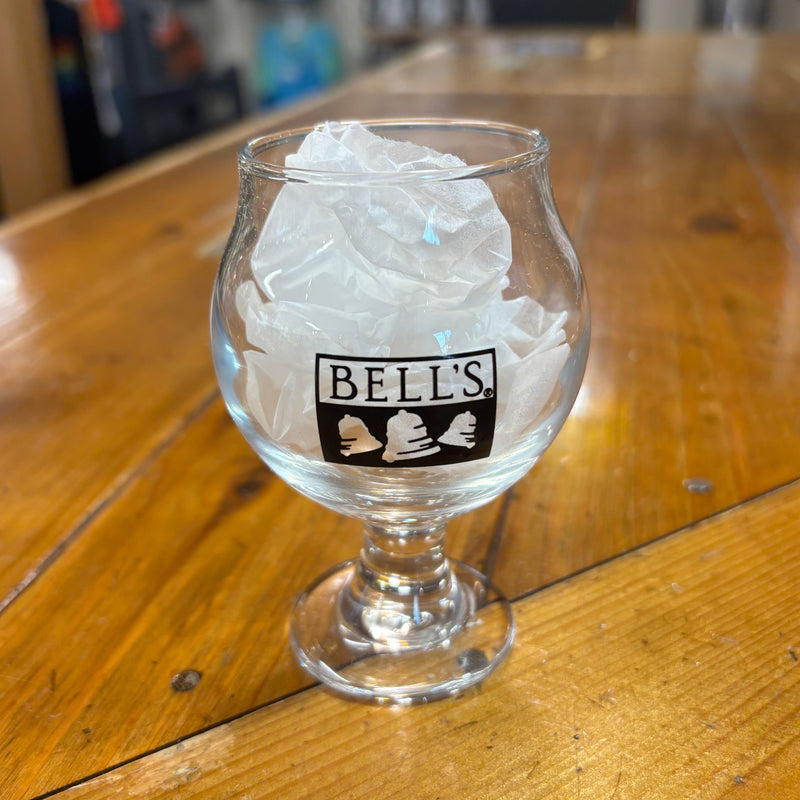 Clear snifter glass with black printed Bell's logo in the center