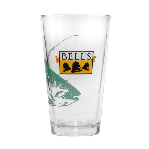 Clear pint glass with green Two Hearted fish and yellow, black, and white logo.