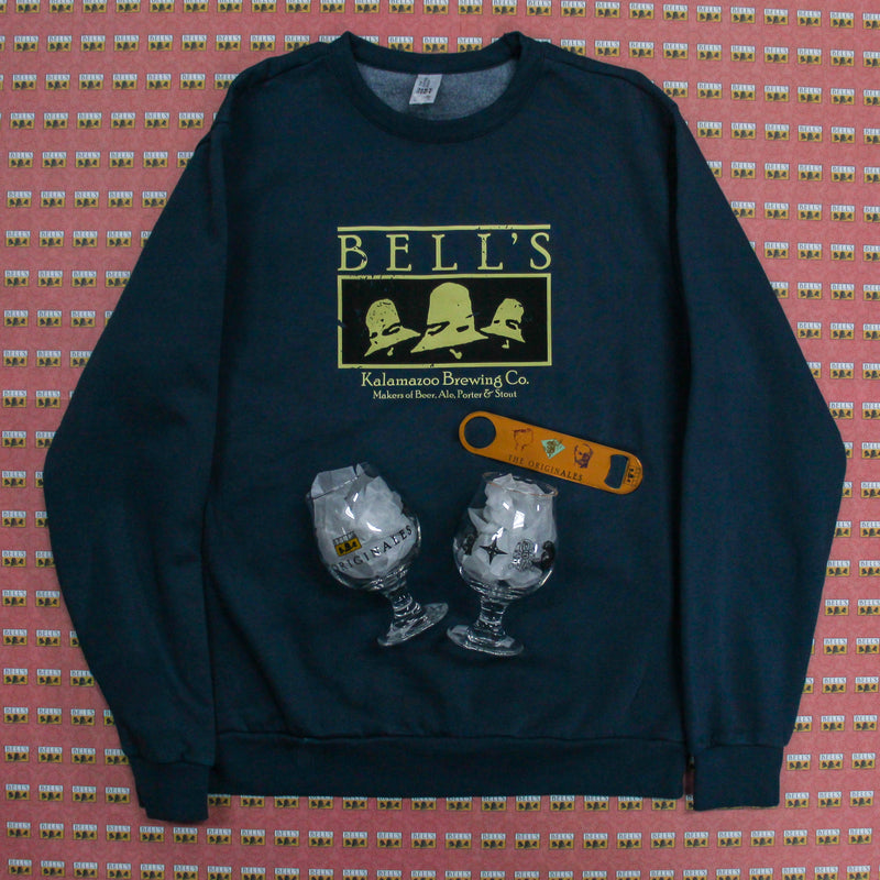 Bell's Retro Logo Crewneck, with 2 originale snifter glasses and an originale yellow bottle opener.