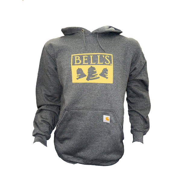 A gray pocket hooded sweatshirt with drawstrings, the Bell's logo across the chest, and the Carhartt logo on the top right of the pocket.