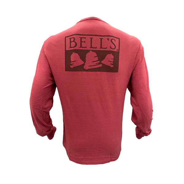 Back of red long sleeve tee with black screen printed Bell's logo