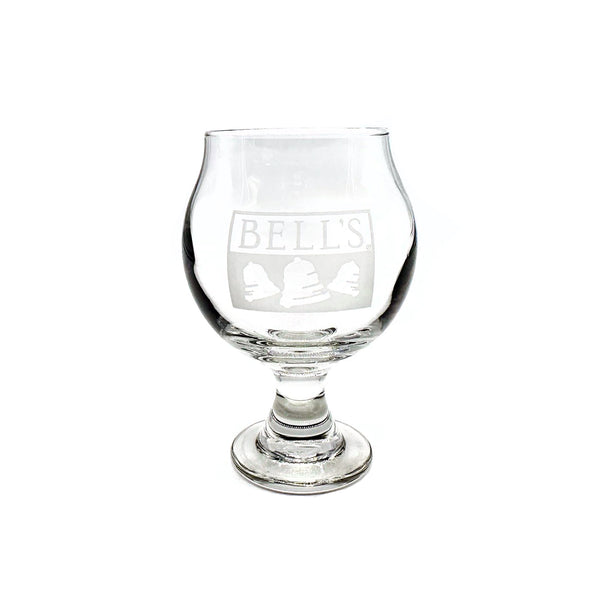Clear snifter glass with white printed Bell's logo in the center
