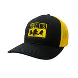 Black baseball cap with twill front and brim, and yellow mesh back. Features yellow Bell's embroidered logo on the front.
