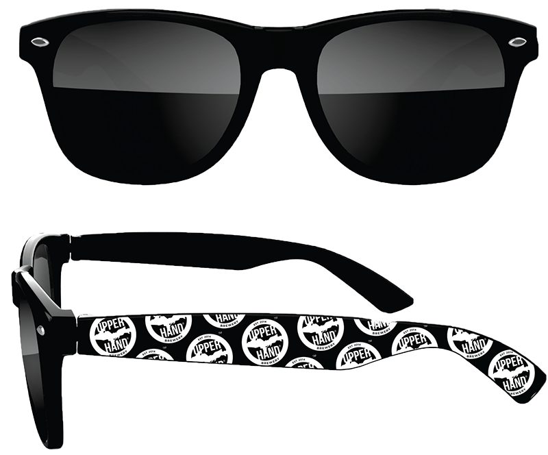 Black sunglasses with white Upper Hand logo repeated on the ear bands