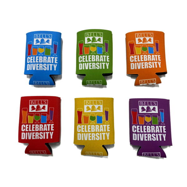 Two rows of three can coozies each. All feature "Celebrate Diversity" in white with beer glasses filled with liquids of various colors (red, orange, yellow, green, blue, purple) and white Bell's logo. Top row coozies left to right are blue, green, and orange. Bottom row left to right are red, yellow, and purple.