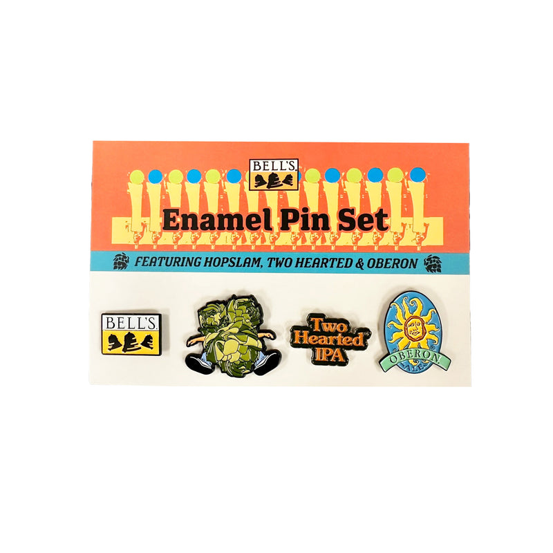 Enamel pin set card with Bell's, Hopslam, Tow Hearted IPA, and Oberon Ale enamel pins.