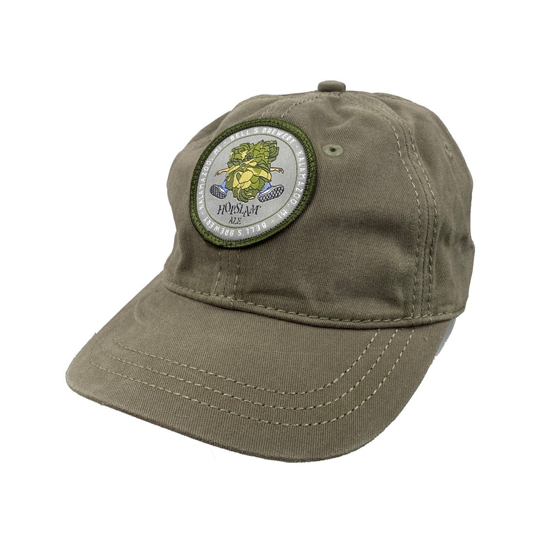 Olive twill baseball cap with embroidered circular Hopslam logo patch sewn onto the center front.