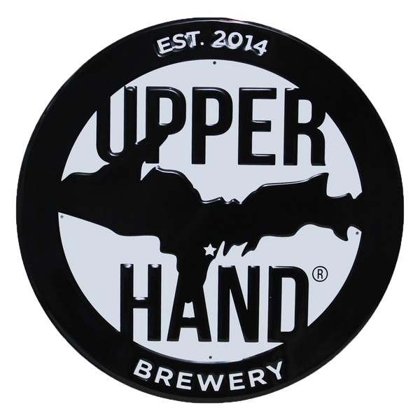 Design of the Upperhand logo as a tin sign. The top says Est. 2014 and the bottom says Brewery.