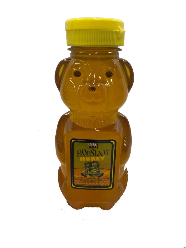 Bear-shaped bottle of honey with small Hopslam Honey logo on the tummy.