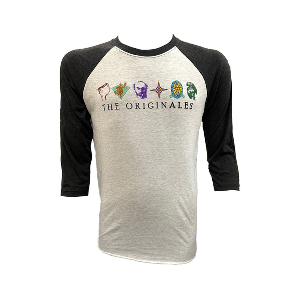 A raglan t-shirt with charcoal 3/4 sleeves, a heather gray body, and the words "The Origin Ales" below a set of logos representing Bell’s original beers.