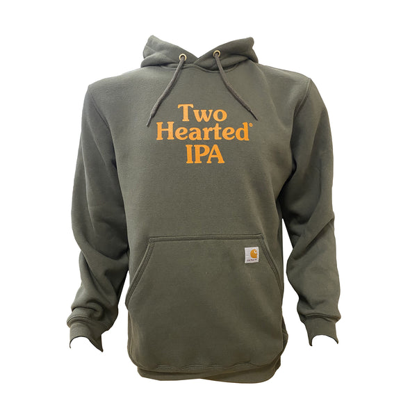 Olive grey hooded sweatshirt with pouch pocket that features small sewn on Carhartt logo tag. Hood features matching cord and gold grommets. Large Two Hearted IPA logo screen printed across the chest.