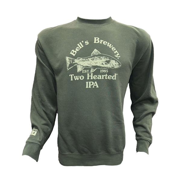 olive green long sleeve crew neck sweatshirt with light green Bell's Brewery Two Hearted Ale" logo, fish and est. 1985 across the chest.