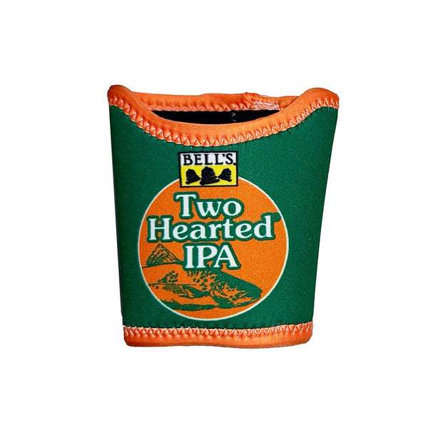 Kelly green pint glass coozie with circular bright orange and kelly green Two Hearted IPA logo with Two Hearted IPA in white text. Features a yellow, black and white logo in top center. Coozie features an orange border on the top and bottom.