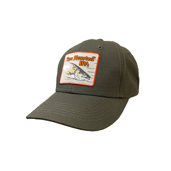 Olive green ripstop hat with Two Hearted IPA badge that features orange text and green/yellow Two Hearted fish in the center front.