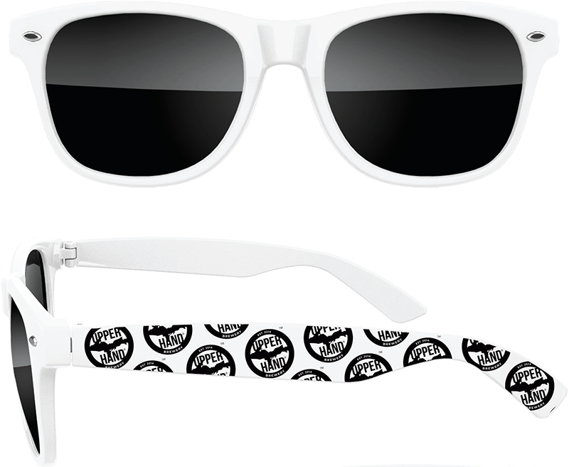 White sunglasses with black Upper Hand logo repeated on the ear bands