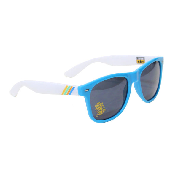 Sunglasses with blue rims and a small yellow oberon logo on the right lens. The white temples feature a small Bell’s logo on the interior and small yellow, green, orange, and blue stripes on the exterior.