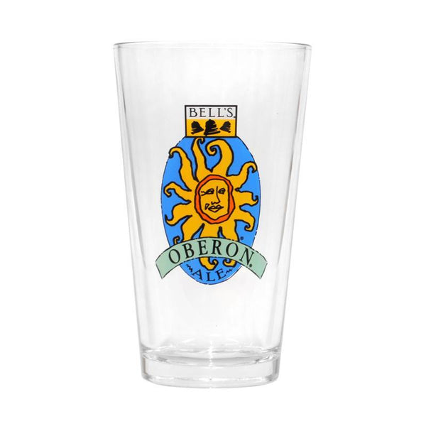 Clear pint glass with Oberon Ale logo center front and Bell's logo at the top.