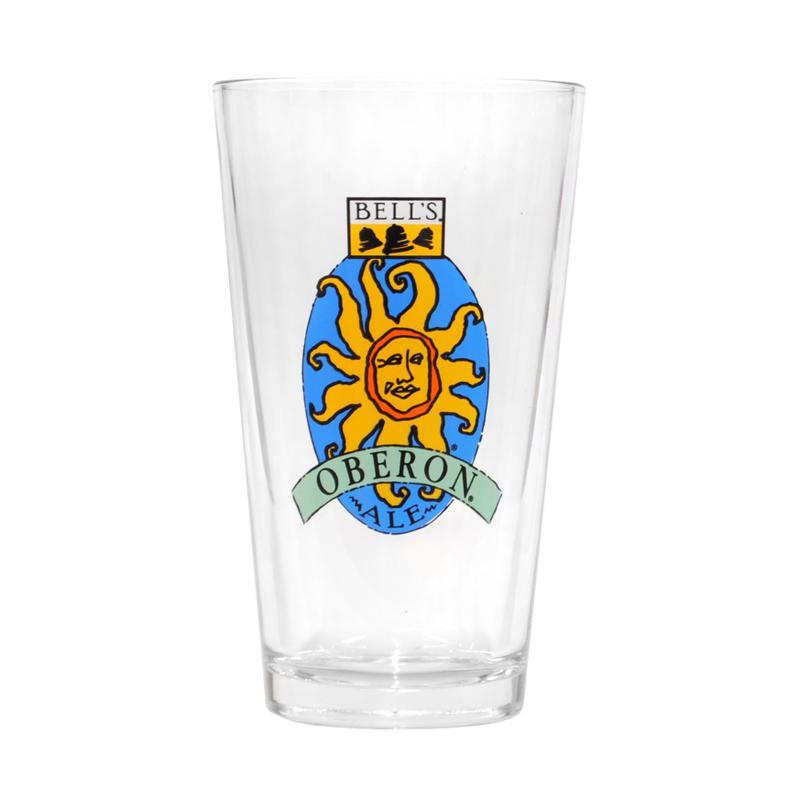 Clear pint glass with Oberon Ale logo center front and Bell's logo at the top.