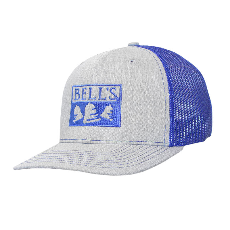 Heathered grey baseball cap with twill front and brim, and blue mesh back. Features blue Bell's embroidered logo on the front.